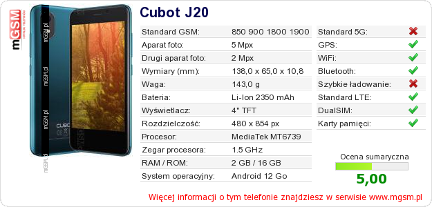 Dane telefonu Cubot J20