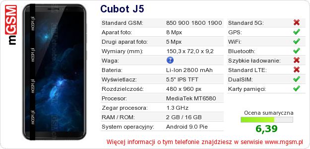 Dane telefonu Cubot J5 Dane telefonu Cubot J5