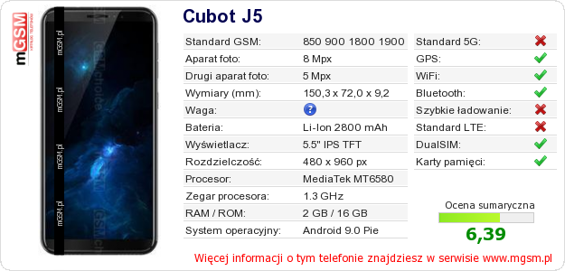 Dane telefonu Cubot J5