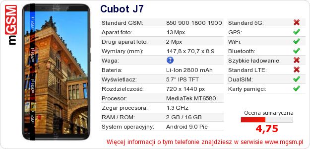Dane telefonu Cubot J7 Dane telefonu Cubot J7
