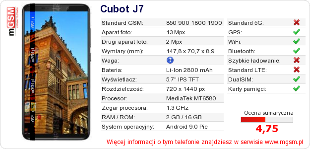Dane telefonu Cubot J7 Dane telefonu Cubot J7