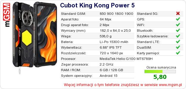 Dane telefonu Cubot King Kong Power 5