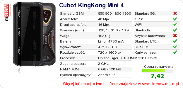 Dane telefonu Cubot KingKong Mini 4