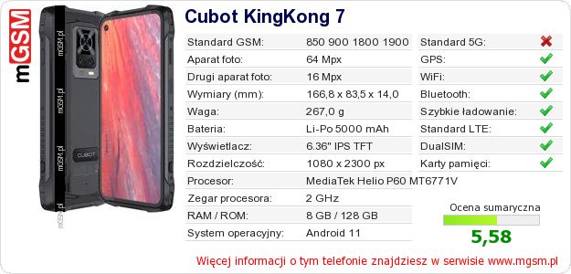 Dane telefonu Cubot KingKong 7 Dane telefonu Cubot KingKong 7