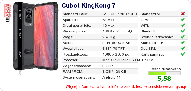 Dane telefonu Cubot KingKong 7