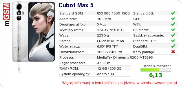 Dane telefonu Cubot Max 5 Dane telefonu Cubot Max 5