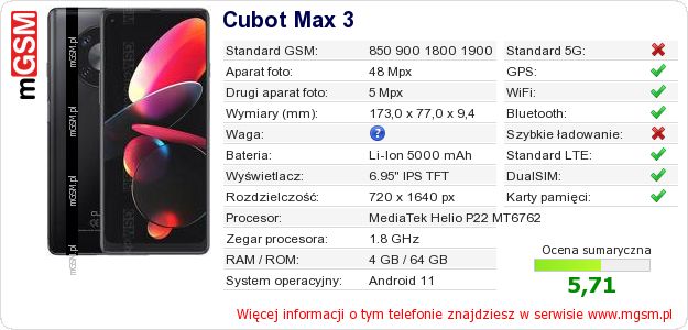 Dane telefonu Cubot Max 3 Dane telefonu Cubot Max 3
