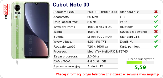 Dane telefonu Cubot Note 30
