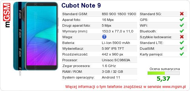 Dane telefonu Cubot Note 9 Dane telefonu Cubot Note 9