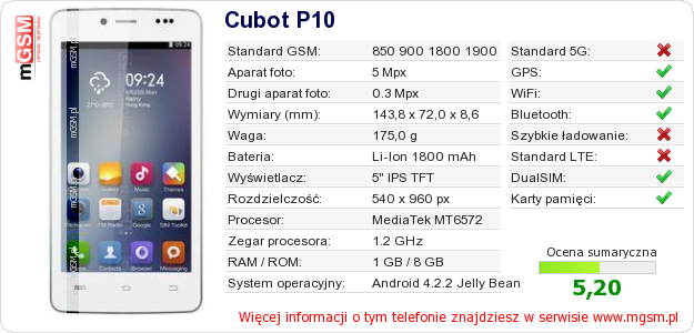 Dane telefonu Cubot P10 Dane telefonu Cubot P10