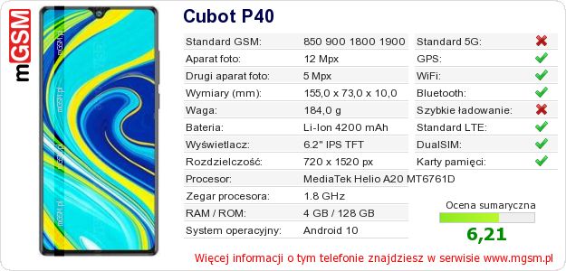 Dane telefonu Cubot P40