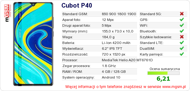 Dane telefonu Cubot P40