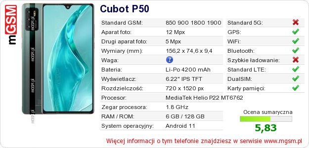 Dane telefonu Cubot P50 Dane telefonu Cubot P50