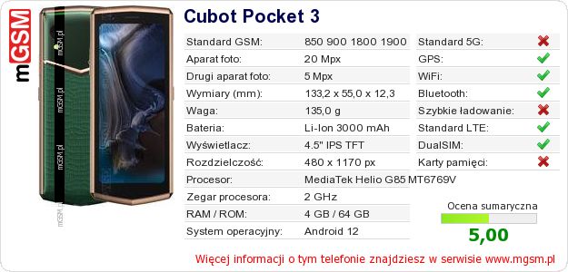 Dane telefonu Cubot Pocket 3 Dane telefonu Cubot Pocket 3