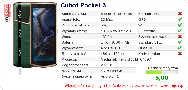 Dane telefonu Cubot Pocket 3