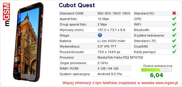 Dane telefonu Cubot Quest Dane telefonu Cubot Quest