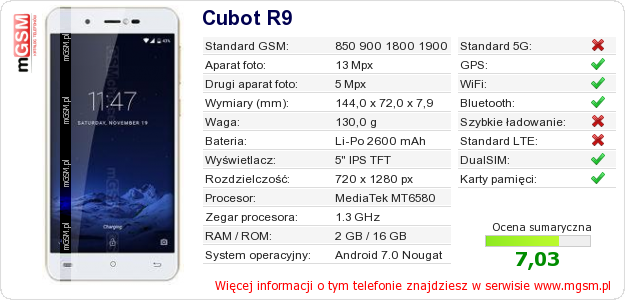 Dane telefonu Cubot R9