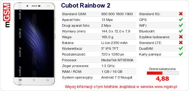 Dane telefonu Cubot Rainbow 2 Dane telefonu Cubot Rainbow 2