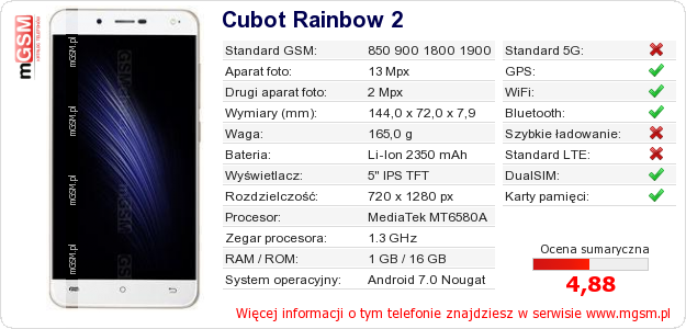 Dane telefonu Cubot Rainbow 2