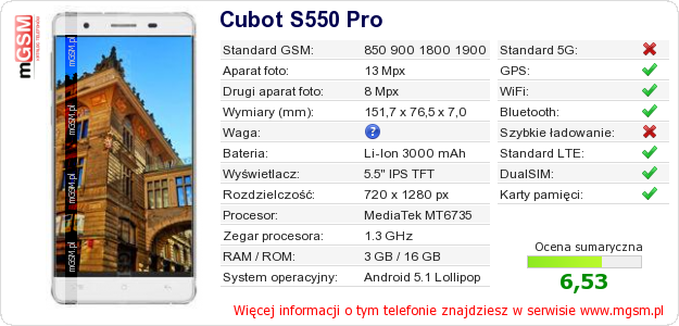 Dane telefonu Cubot S550 Pro Dane telefonu Cubot S550 Pro