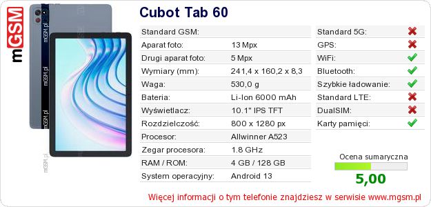 Dane telefonu Cubot Tab 60 Dane telefonu Cubot Tab 60