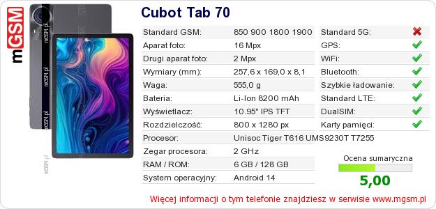 Dane telefonu Cubot Tab 70