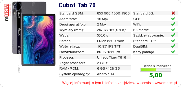 Dane telefonu Cubot Tab 70