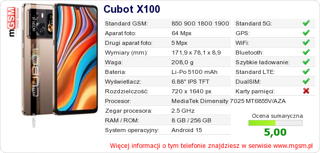 Dane telefonu Cubot X100