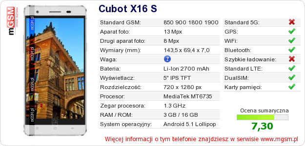 Dane telefonu Cubot X16 S