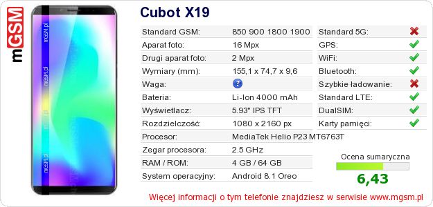 Dane telefonu Cubot X19 Dane telefonu Cubot X19