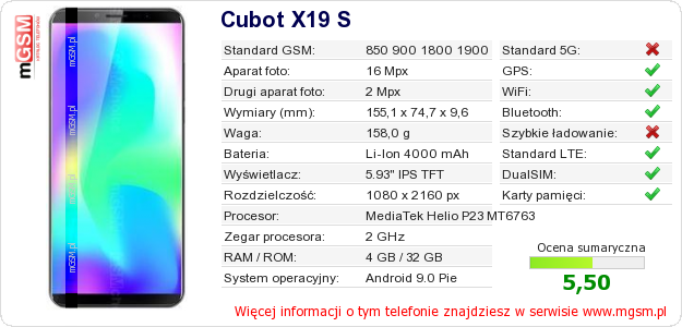 Dane telefonu Cubot X19 S
