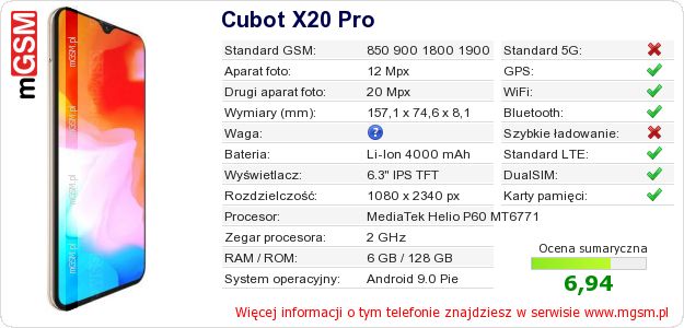 Dane telefonu Cubot X20 Pro Dane telefonu Cubot X20 Pro