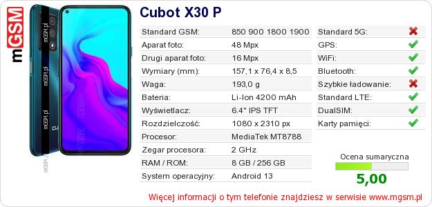 Dane telefonu Cubot X30 P