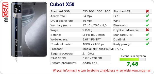 Dane telefonu Cubot X50 Dane telefonu Cubot X50