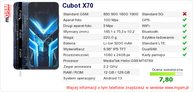 Dane telefonu Cubot X70