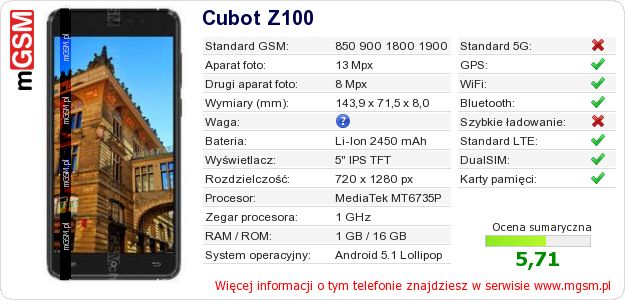 Dane telefonu Cubot Z100