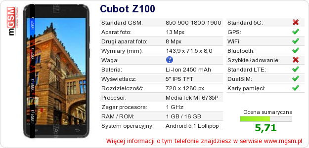 Dane telefonu Cubot Z100 Dane telefonu Cubot Z100