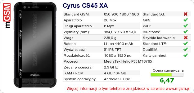 Dane telefonu Cyrus CS45 XA