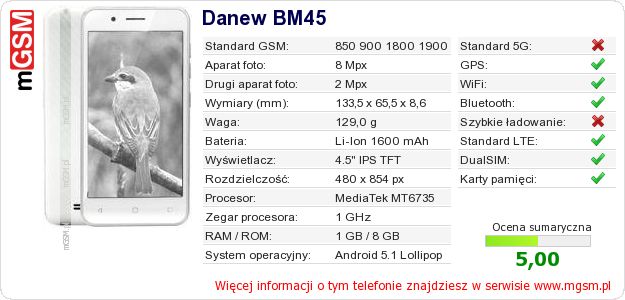 Dane telefonu Danew BM45 Dane telefonu Danew BM45