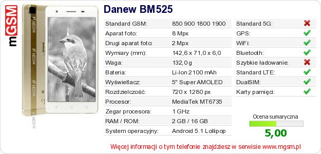 Dane telefonu Danew BM525 Dane telefonu Danew BM525