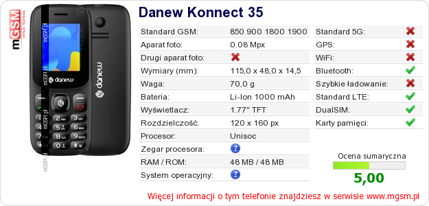 Dane telefonu Danew Konnect 35