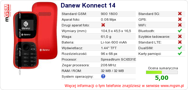 Dane telefonu Danew Konnect 14