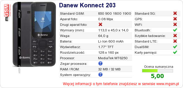 Dane telefonu Danew Konnect 203