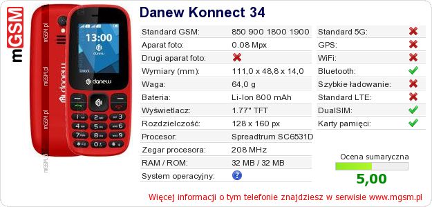 Dane telefonu Danew Konnect 34 Dane telefonu Danew Konnect 34