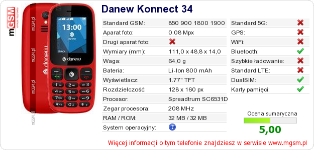 Dane telefonu Danew Konnect 34