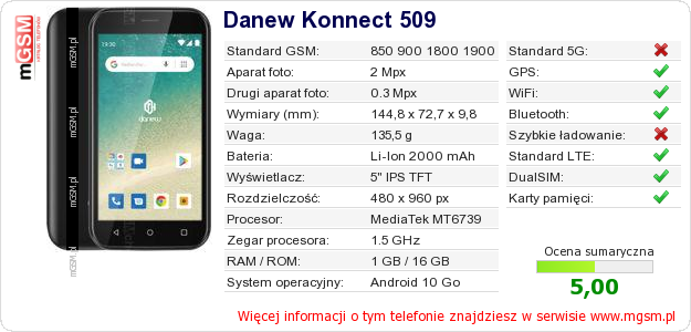 Dane telefonu Danew Konnect 509