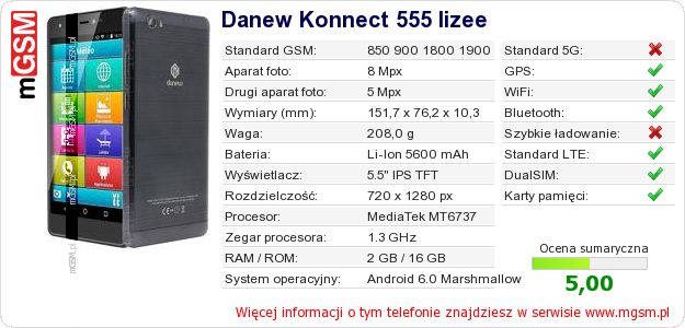 Dane telefonu Danew Konnect 555 Iizee Dane telefonu Danew Konnect 555 Iizee