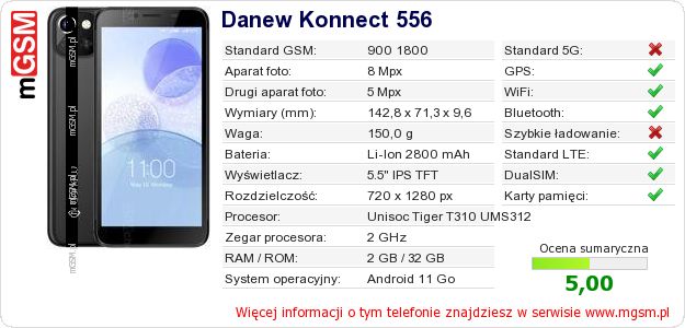 Dane telefonu Danew Konnect 556 Dane telefonu Danew Konnect 556