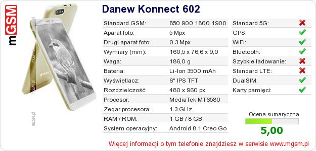 Dane telefonu Danew Konnect 602