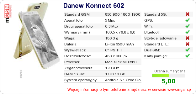 Dane telefonu Danew Konnect 602